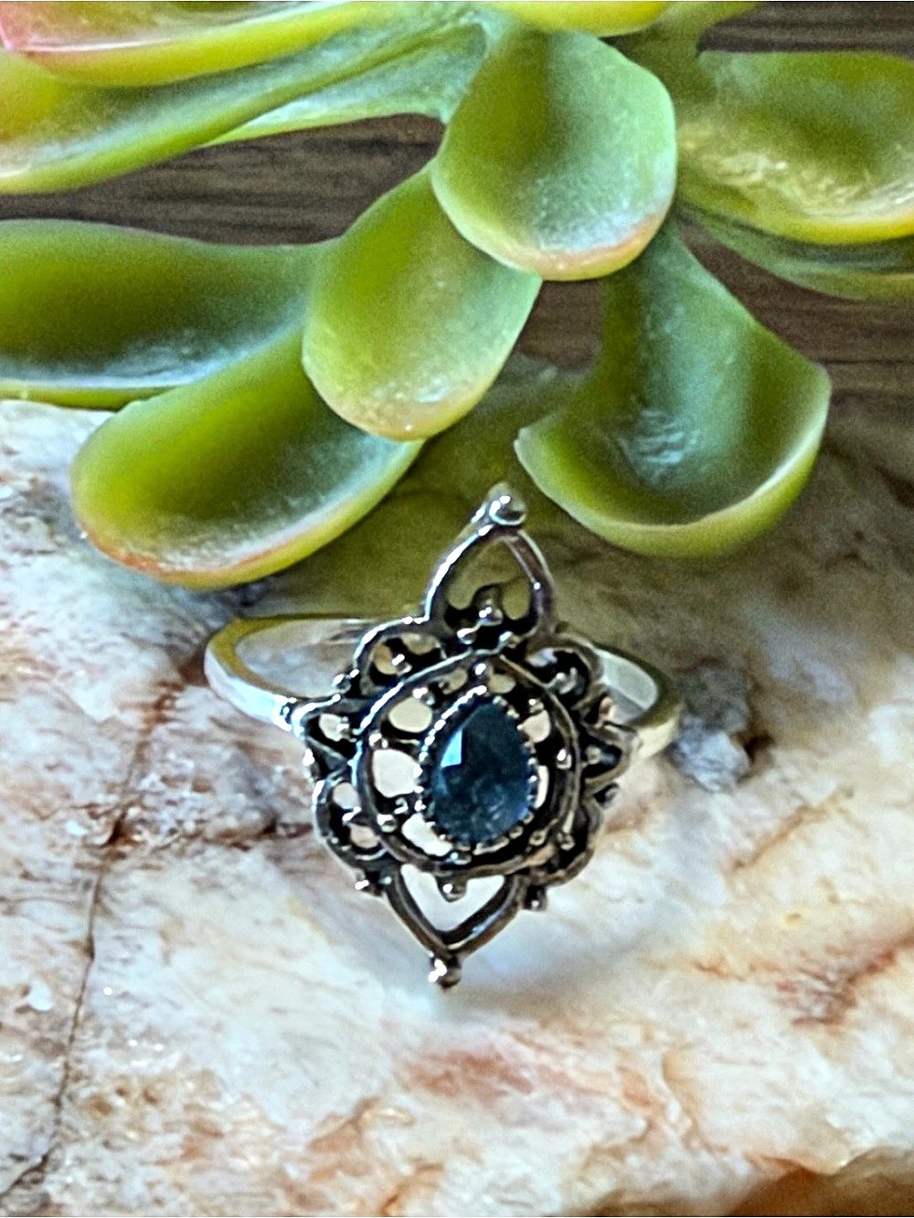 Ornate Filigree Ring with Dark Blue Stone size 8